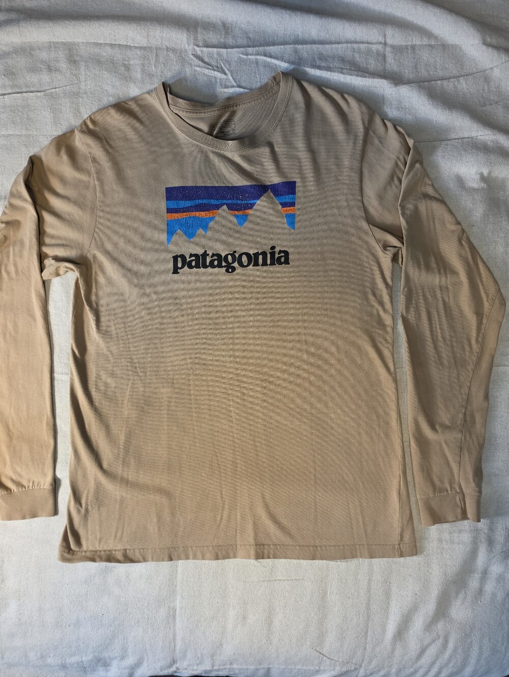 Patagonia Long-Sleeve Logo Tee in Tan with Blue & Orange Accent